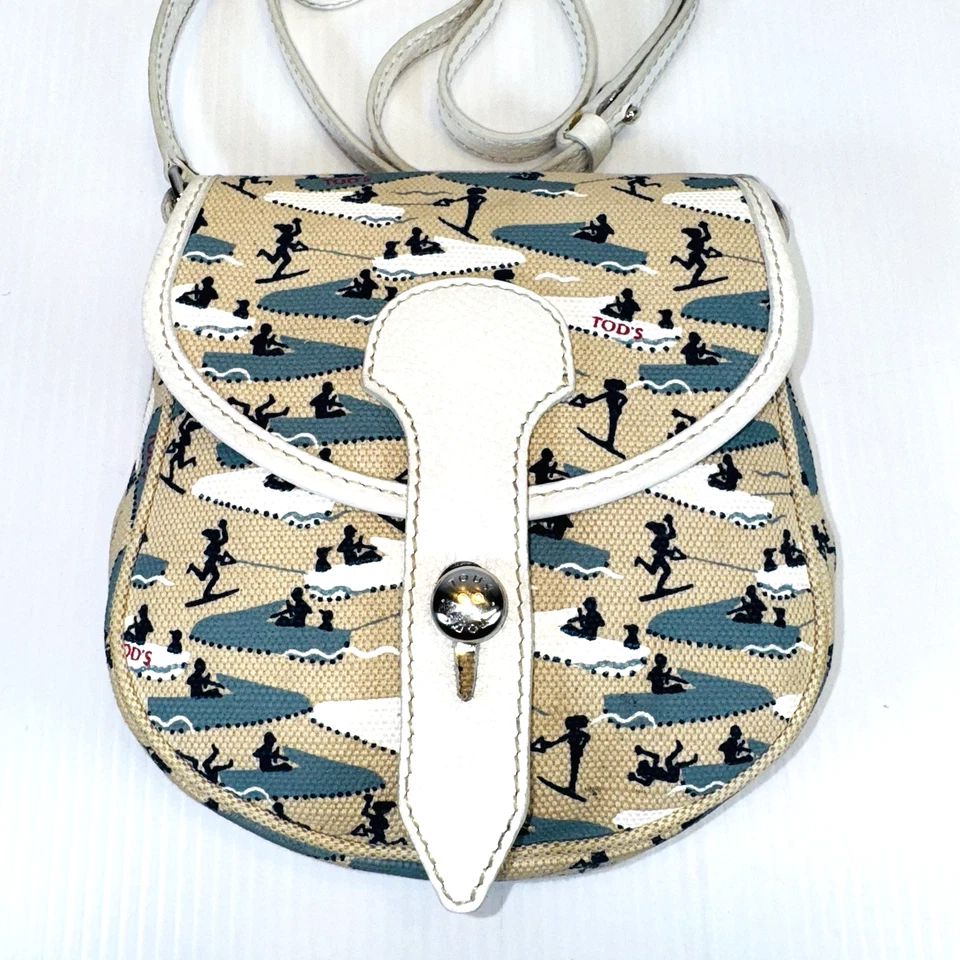 Современная многоцветная холщовая и кожаная сумка через плечо для водных лыж с принтом - б/у в отличном состоянии - Изображение 4 из 4