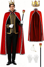 King Costume Set Queen Robe Crown Set Halloween Cosplay Red Cloak Crown Gloves S