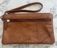 ili New York Brown Leather Double Zip Clutch Wristlet Removable Strap