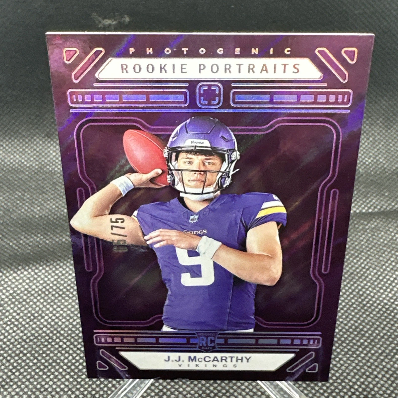 J.J. McCarthy 2024 Panini Photogenic Rookie Portraits Purple RC/75 Vikings