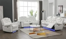 NEW LED Sofa Loveseat Chair Power Recliner White Leather Bluetooth Speaker & USB