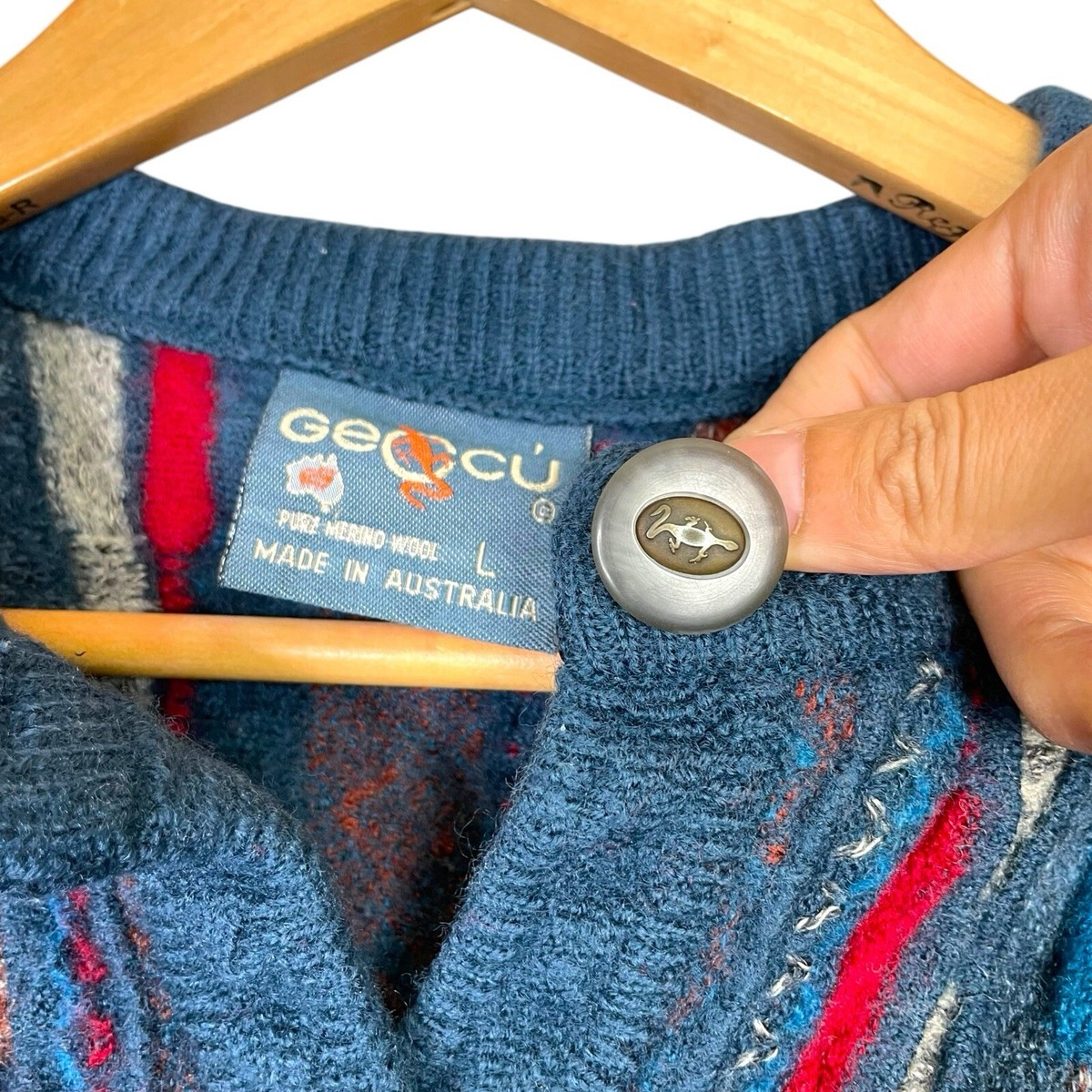 Geocu Vintage 3D Knit Merino Wool Sweater Cardigan L Made