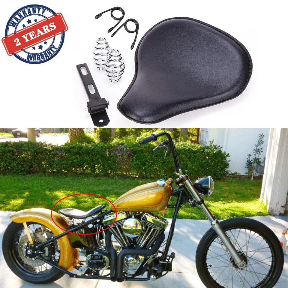 Black Leather Motorcycle Solo Seat 3" Spring Bracket for Harley Sportster Bobber - Image 2 of 4