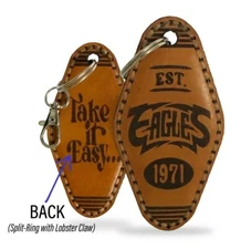 Take it Easy..., EAGLES, Vtg. Style Motel Keychain-Hand-Stitch, Laser Engraved