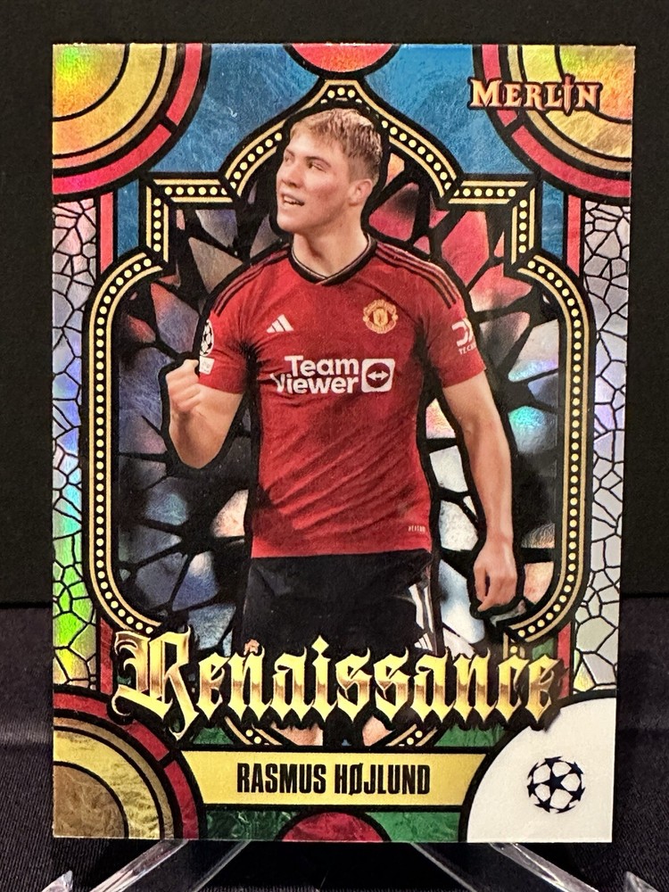 2023-24 Topps Merlin Chrome Rasmus Hojlund Stained Glass Renaissance Man Utd Card