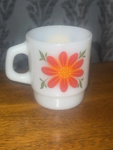 VTG  Fire King Milk Glass Mug Retro Orange & Pink Flowers 2 Sided Coffee Tea Cup