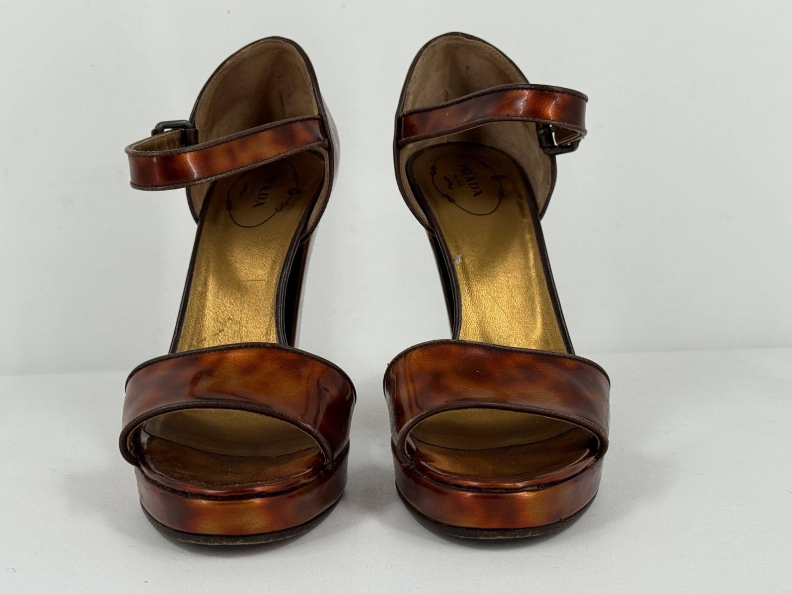 Prada Brown Tortoise Shell Leather Block Heel San… - image 4