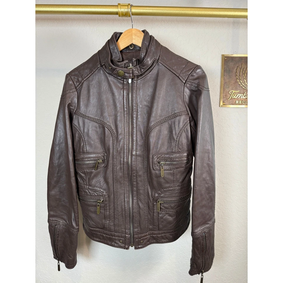 Chaqueta de moto de cuero genuino marrón Agua para mujer cremallera frontal con bolsillos M Foto 2 de 4
