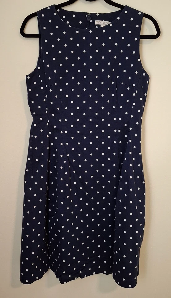 Vestido acampanado NY&Co Eva Mendes talla 10 ajuste sin mangas azul marino lunares algodón Foto 2 de 4