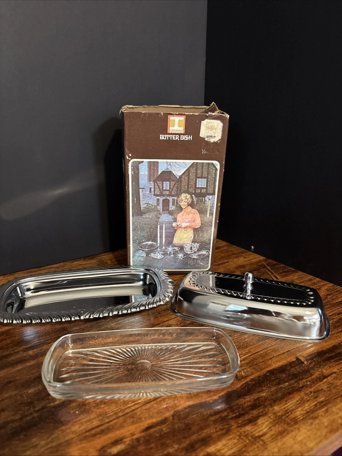 Vintage Irvinware Butter Dish w/ Glass Liner and Open Damaged Box