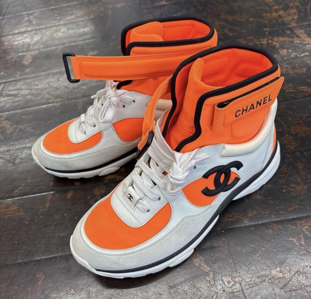 CHANEL Sneakers High Cut Orange Coco Mark US7 Women's