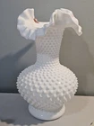 Vintage Fenton White Milk Glass Vase Hobnail Ruffled Double Crimped 10.5" Tall