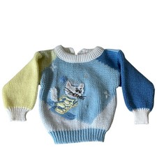Vintage knit sweater embroidered skiing cat 70s 80s baby  3 / 6 months retro