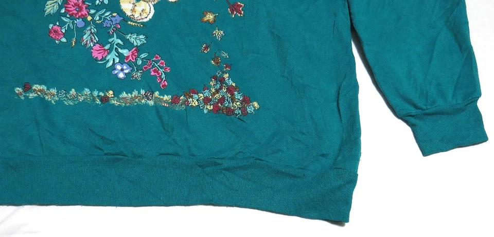 Sudadera de Colección KITTENS FLOWERS Grande Años 90 Cuello Alto Verde Azulado Ediciones Básicas Gato Árbol Foto 3 de 4