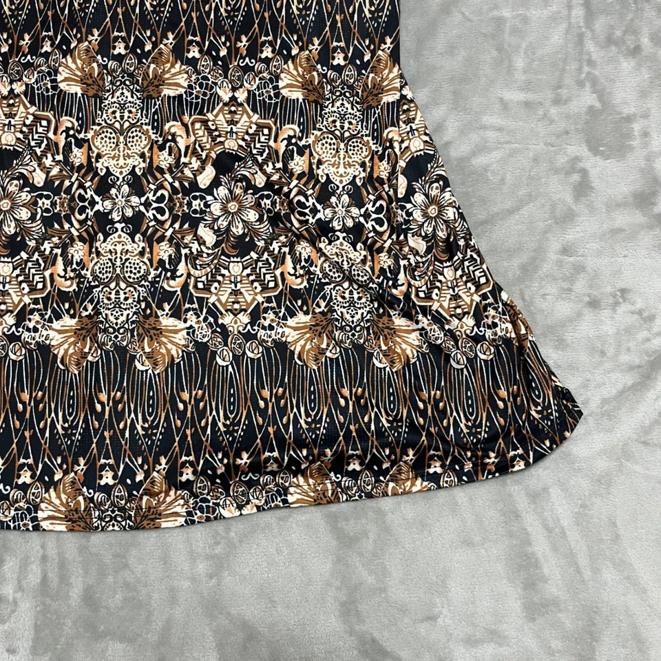 Vestido midi feminino M manga 3/4 gola V estampa floral boêmio preto marrom - Imagem 2 de 4