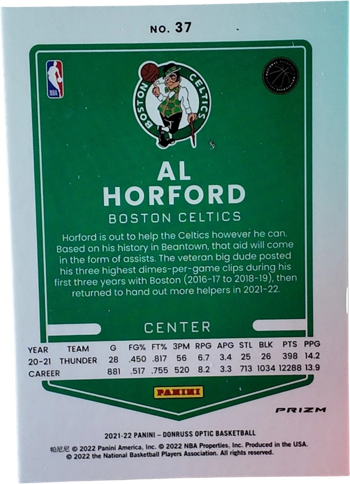 Al Horford 2021-22 Optic Fast Break Prizm Silver Disco Holo Refractor #37 - Image 2 of 2