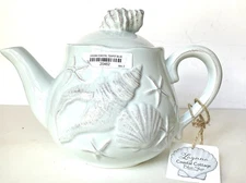 Laguna Coastal Blue Ceramic Teapot By Blue Sky Clayworks 6.5x9” Seashells
