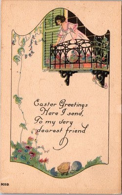Art Deco Style Easter Greetings Balcony Scene Vintage Postcard Made in USA