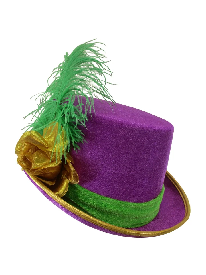 Womens Purple Velvet Mardi Gras Top Hat Gold Rose Green Feather Costume - Image 2 of 4