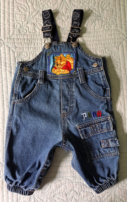 VTG Disney Jean Denim BABY Overalls Winnie the Pooh Cotton 6/9M Elastic Straps