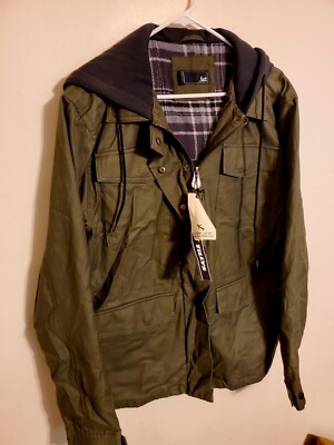 Mens M Medium Olive Green Military Style Jacket Hood Zip Button Coat New 