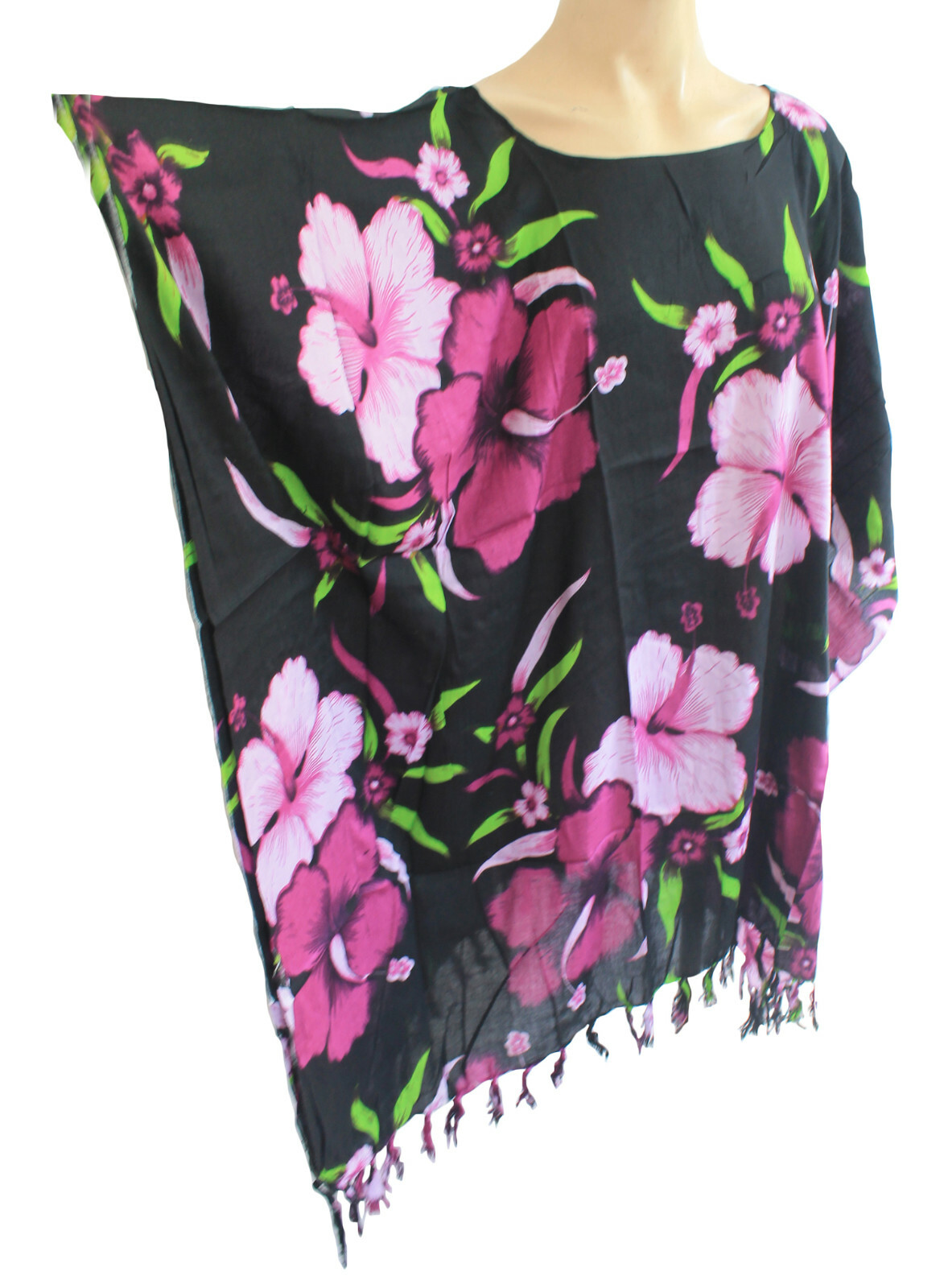 Mujer Flores Negro/Rosa Flecos Caftán Poncho Túnica Playa Grande Talla Nuevo