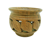 Handmade Hand Carved Wooden Bowl Trinket Dish Brown Round Shape Leaf Design 4x3