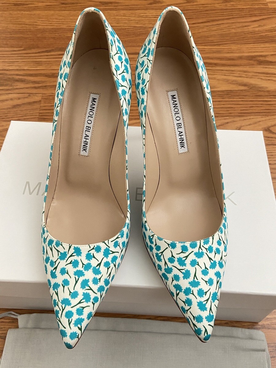 NEW in BOX Manolo Blahnik 38.5 BB 90 Floral Blue Cotton Pump