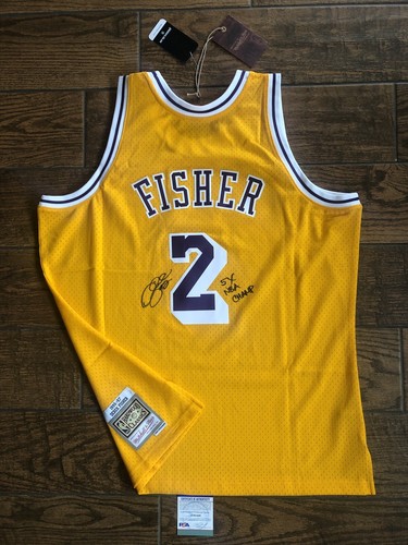Derek Fisher Signed 5x NBA CHAMP Mitchell Ness Lakers Swingman Jersey PSA Auto - Picture 2 of 11