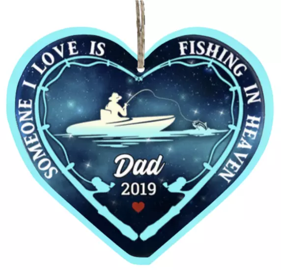 SOMEONE I LOVE IS FISHING IN HEAVEN HEART SHAPE METAL SIGN PLAQUE-ANY NAME  &YEAR
