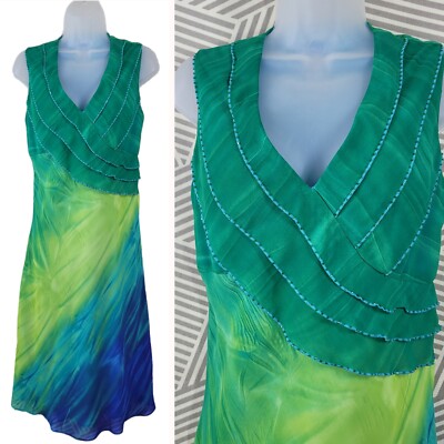 Vintage 90s Slip Dress size 8 Floral Grunge midi long Ruffle tie dye green blue