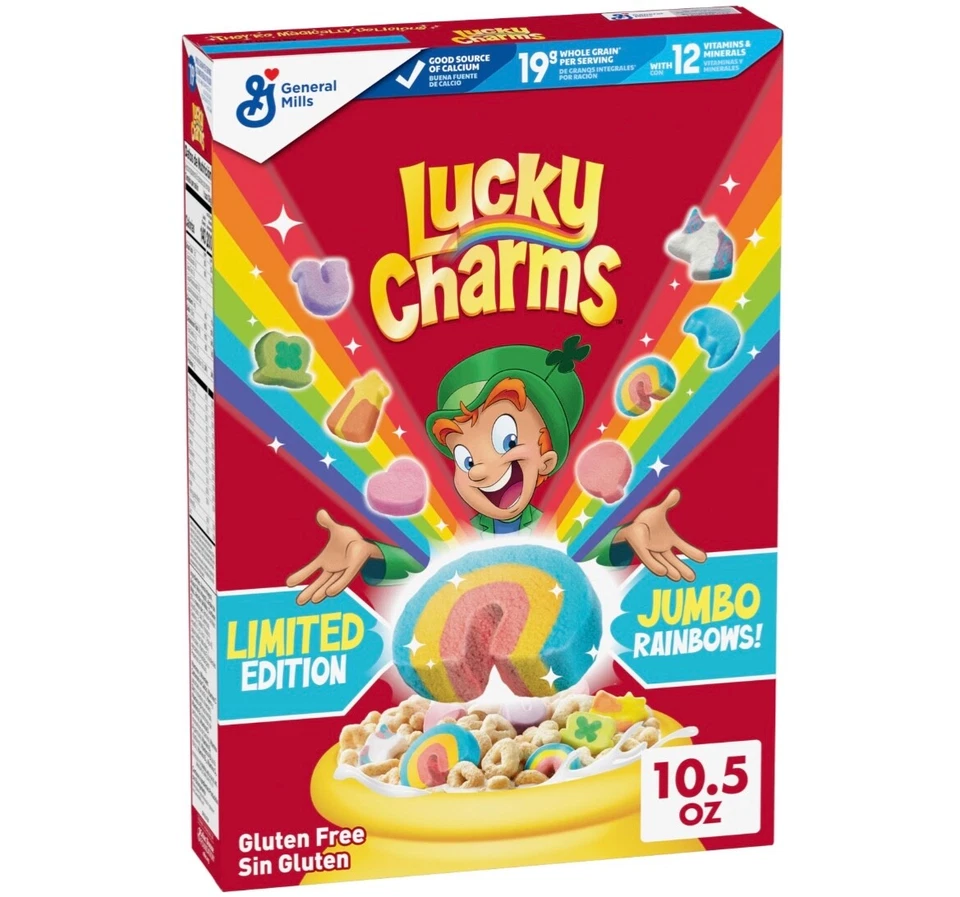 SKITTLES Lucky Charms Cereal Jumbo Rainbows Edizione Limitata Family Size 527g USA Import