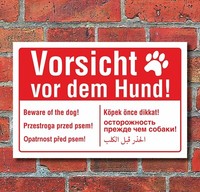 Schild Vorsicht Vor Dem Hund Mehrsprachig Englisch Polnisch Arabisch Alu-Verbund