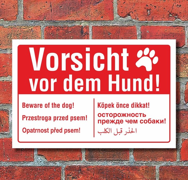 Schild Vorsicht Vor Dem Hund Mehrsprachig Englisch Polnisch Arabisch Alu-Verbund-image