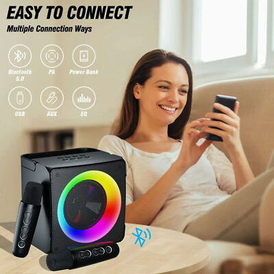 Karaoke Machine Bluetooth Speaker with 2 Wireless Microphone USB/TF/AUX Playback