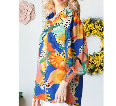Floral bright multicolor v-neck blouse smocked cuff detail size 2XL NWOT