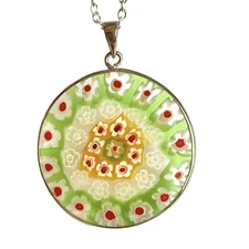 Murano Art Glass Necklace Pendant Millefiori Green Red Flowers Silver Plated 24"