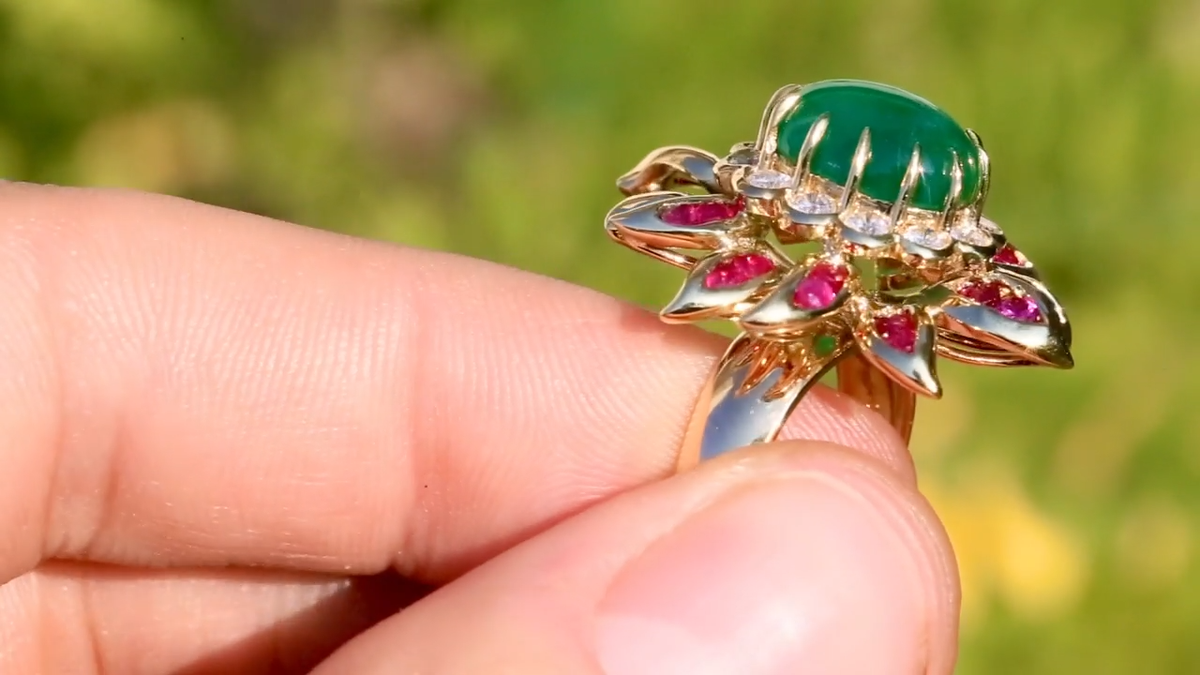 Vintage Oval Cabochon Emerald Ring with Diamonds & Rubies