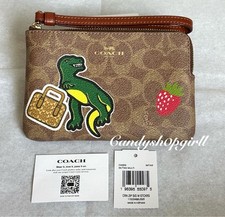 NEW COACH Signature Canvas Corner Zip Wristlet W/Dinosaur Sticker Prints LIMITED