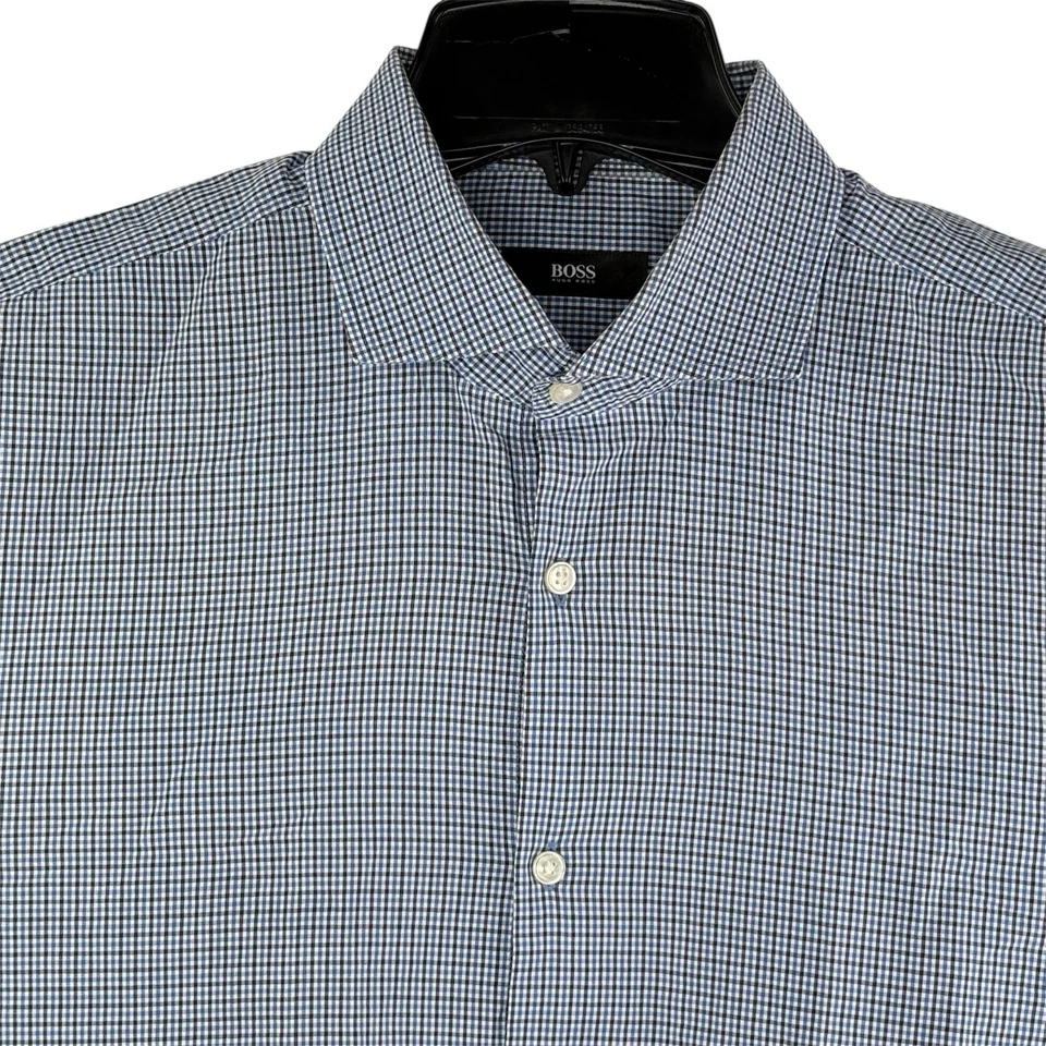 Camisa de vestir BOSS Hugo Boss para hombre 17 1/2-34/35 azul/blanco a cuadros ajuste nítido usada en excelente estado Foto 3 de 4