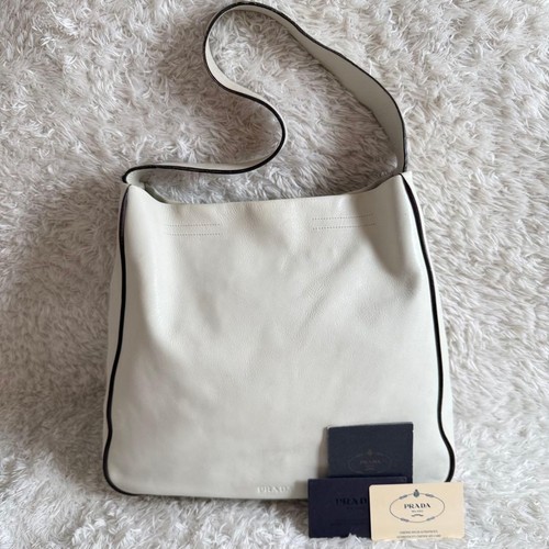 PRADA One Shoulder Bag Leather Logo Embossed Off White From Japan