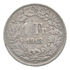 SILVER - Quarter-Sized - 1913 Switzerland 1 Franc - World Silver Coin *232