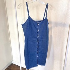 Women's Blue Denim Sleeveless Dress Button Up Size Large Frayed Hem