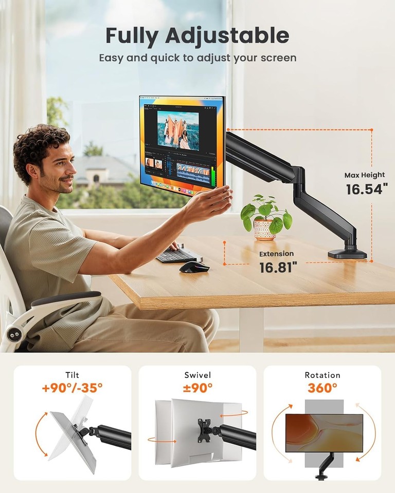 Single Monitor Arm, Adjustable Monitor Mount for 13–49 inch Screens ...
