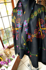 CASHMERE HIMALYAN KULLU ARTISTIC 100 PURE WOOL PASHMINA BLACK SHAWL TRIBAL ART