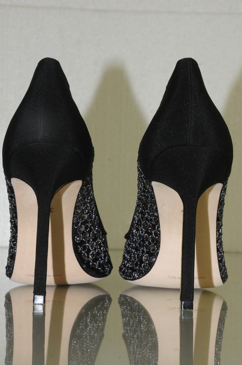 Escarpins Manolo Blahnik Noirs Brodés Cristaux Argent Talons Hauts - Neuf Boîte D'origine