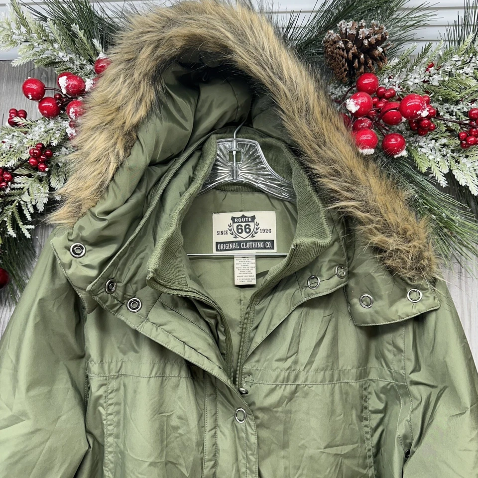 Abrigo con capucha de piel sintética para mujer grande verde cremallera completa chaqueta parka por Route 66 Foto 2 de 4