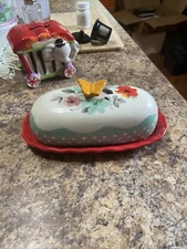 Kitchen Decor Pioneer Woman Butter Dish Red Flea Market Floral W/ Butterfly Lid