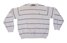 Vintage Nautica Crewneck Cotton Knit Sweater White Blue Striped Men's SZ XL