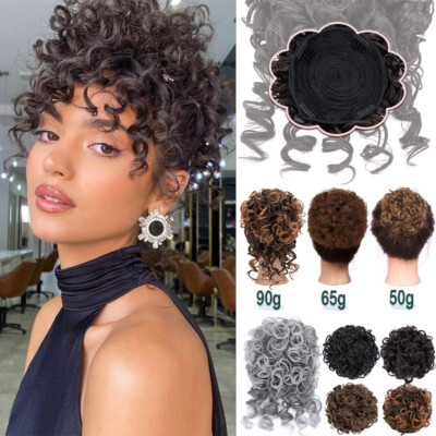 Afro Kinky Curly As Human Hair Clip In Short Ponytail Bun Bangs Black  Women US